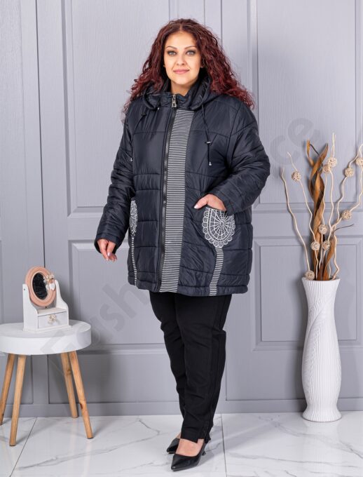 Geaca maxi groasa cu gluga si broderie cod 63261