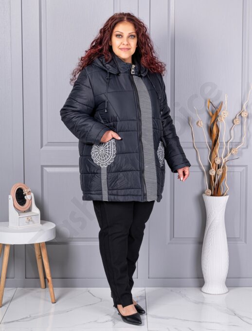 Geaca maxi groasa cu gluga si broderie cod 63261
