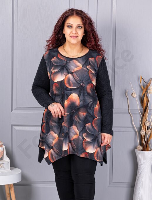 Tunica maxi in cloș din angora si elastan cu imprimeu flori frumoase cod 26127