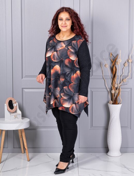 Tunica maxi in cloș din angora si elastan cu imprimeu flori frumoase cod 26127