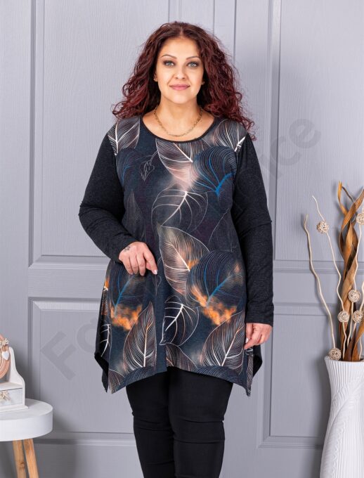 Tunica maxi in cloș din angora si elastan cu imprimeu frunze multicolor cod 26127-1