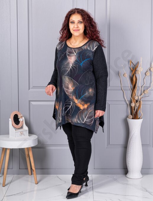 Tunica maxi in cloș din angora si elastan cu imprimeu frunze multicolor cod 26127-1