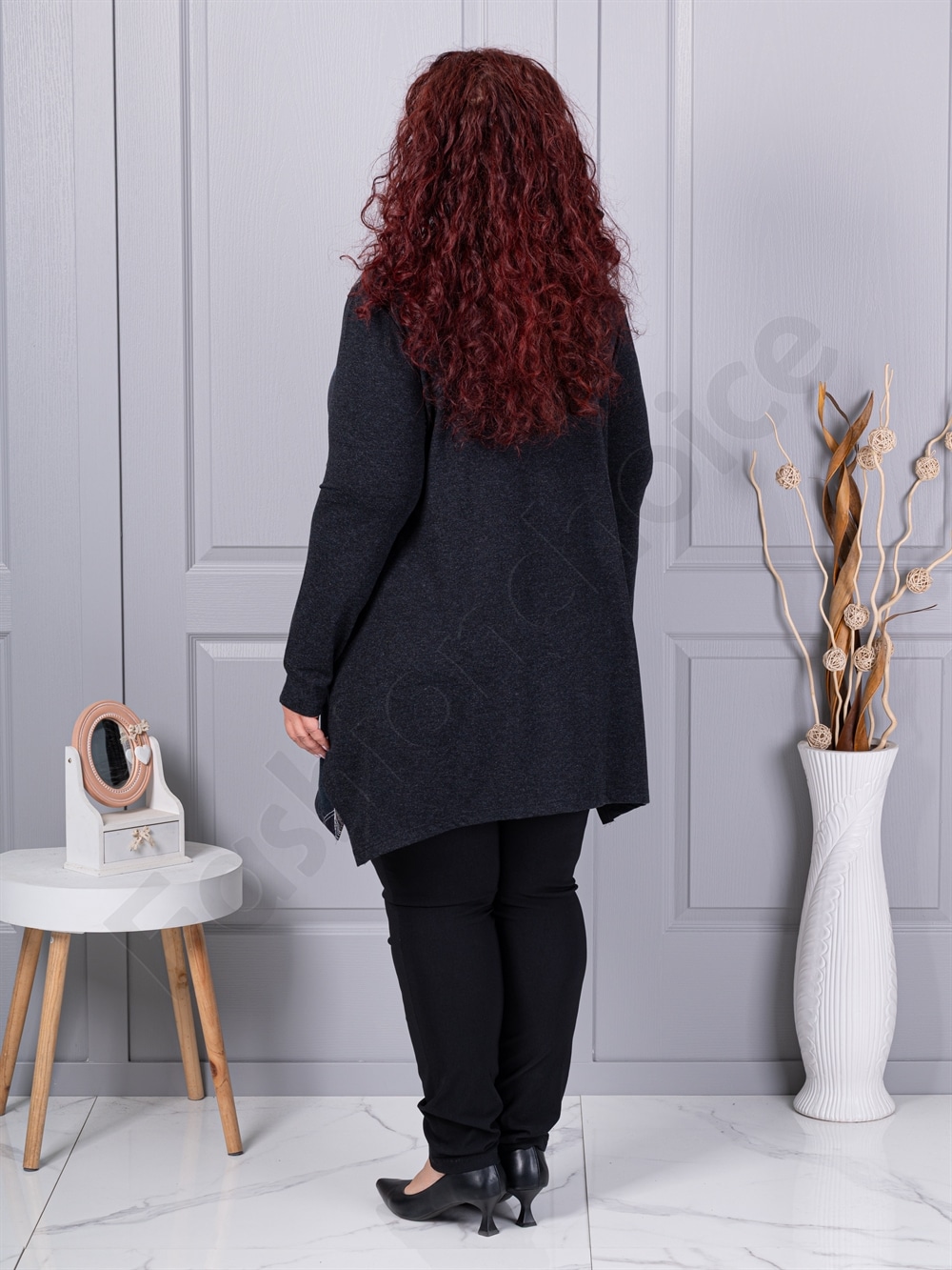 Tunica maxi in cloș din angora si elastan cu imprimeu frunze multicolor cod 26127-1