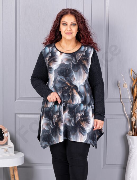Tunica maxi in cloș din angora si elastan cu imprimeu flori albi cod 26127-2