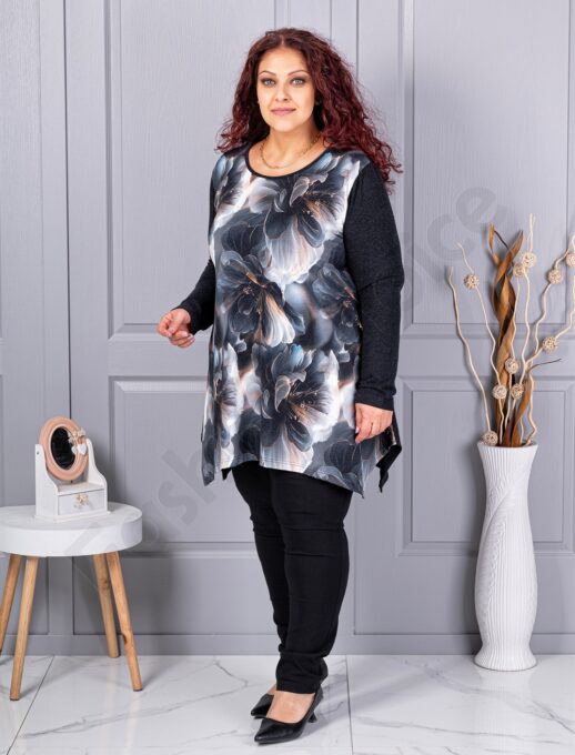 Tunica maxi in cloș din angora si elastan cu imprimeu flori albi cod 26127-2