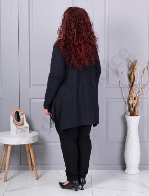 Tunica maxi in cloș din angora si elastan cu imprimeu flori albi cod 26127-2