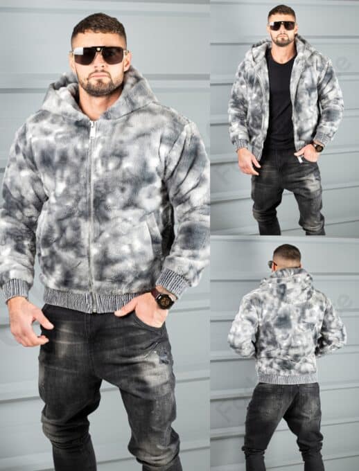 Geaca bomber din blana eco cu gluga-grafit/gri cod 26876