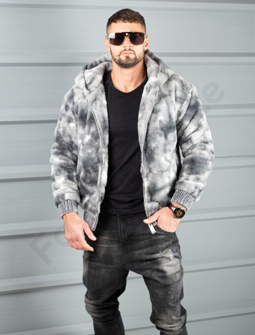 Geaca bomber din blana eco cu gluga-grafit/gri cod 26876
