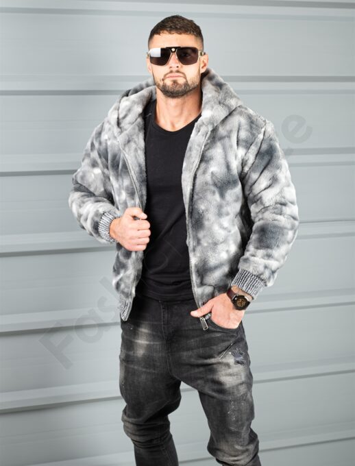 Geaca bomber din blana eco cu gluga-grafit/gri cod 26876