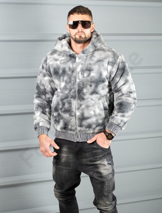 Geaca bomber din blana eco cu gluga-grafit/gri cod 26876