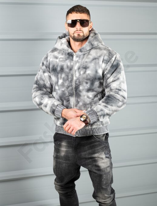 Geaca bomber din blana eco cu gluga-grafit/gri cod 26876