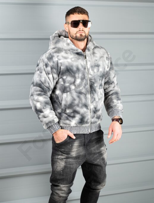 Geaca bomber din blana eco cu gluga-grafit/gri cod 26876