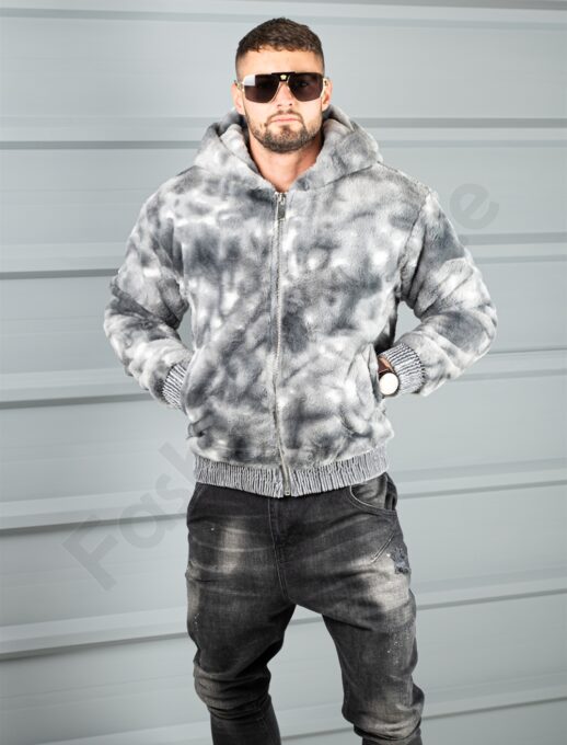 Geaca bomber din blana eco cu gluga-grafit/gri cod 26876
