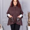 Pelerina maxi groasa din material tricotat cu buzunare din piele-maro cod 6236-2
