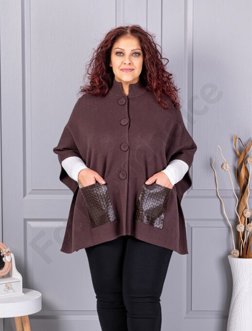 Pelerina maxi groasa din material tricotat cu buzunare din piele-maro cod 6236-2