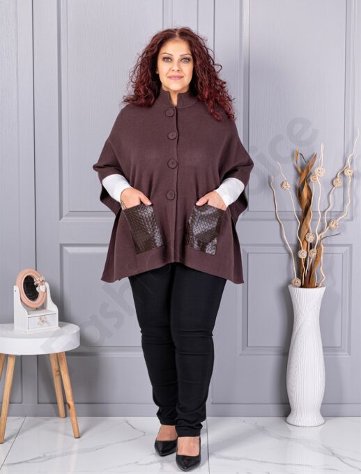Pelerina maxi groasa din material tricotat cu buzunare din piele-maro cod 6236-2