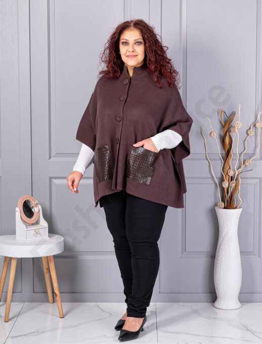 Pelerina maxi groasa din material tricotat cu buzunare din piele-maro cod 6236-2