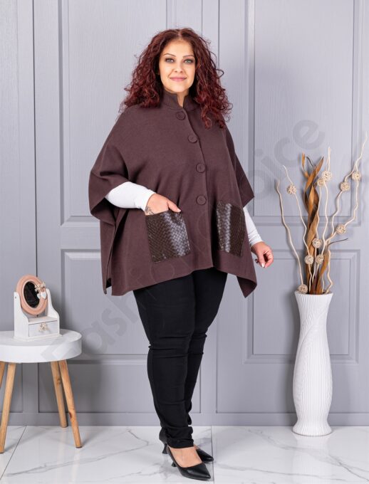 Pelerina maxi groasa din material tricotat cu buzunare din piele-maro cod 6236-2