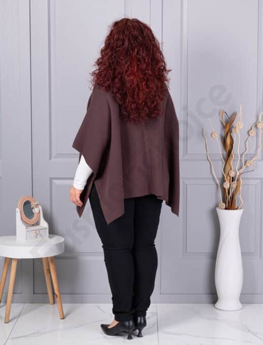 Pelerina maxi groasa din material tricotat cu buzunare din piele-maro cod 6236-2