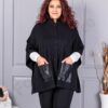Pelerina maxi groasa din material tricotat cu buzunare din piele-negru cod 6236