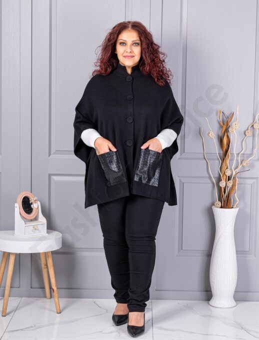 Pelerina maxi groasa din material tricotat cu buzunare din piele-negru cod 6236