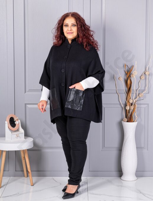 Pelerina maxi groasa din material tricotat cu buzunare din piele-negru cod 6236