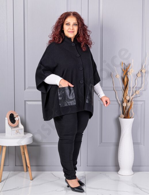 Pelerina maxi groasa din material tricotat cu buzunare din piele-negru cod 6236