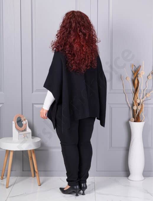 Pelerina maxi groasa din material tricotat cu buzunare din piele-negru cod 6236