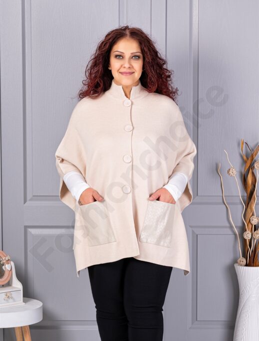 Pelerina maxi groasa din material tricotat cu buzunare din piele-capucino cod 6236-1