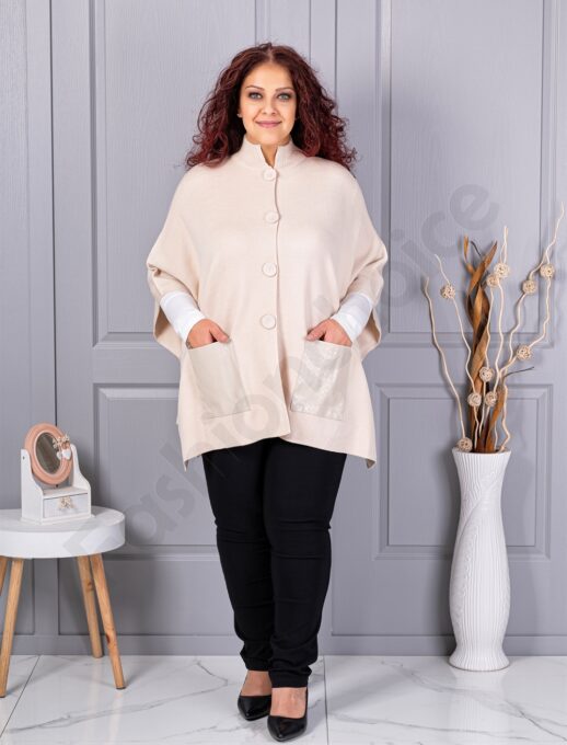 Pelerina maxi groasa din material tricotat cu buzunare din piele-capucino cod 6236-1