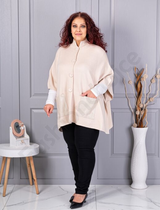 Pelerina maxi groasa din material tricotat cu buzunare din piele-capucino cod 6236-1