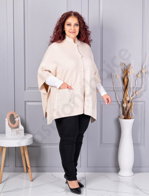 Pelerina maxi groasa din material tricotat cu buzunare din piele-capucino cod 6236-1