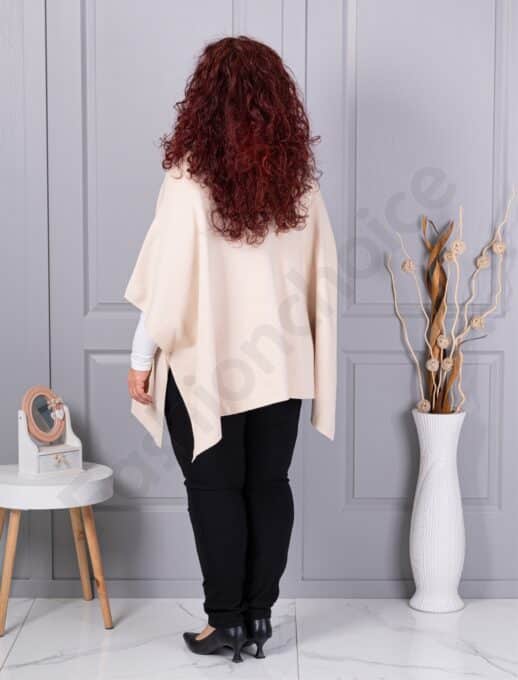 Pelerina maxi groasa din material tricotat cu buzunare din piele-capucino cod 6236-1